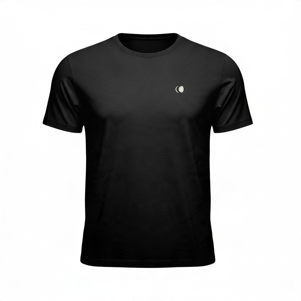All Back Moon black heavyweight cotton crew neck t-shirt with a small minimalist moon embroidery on the chest.