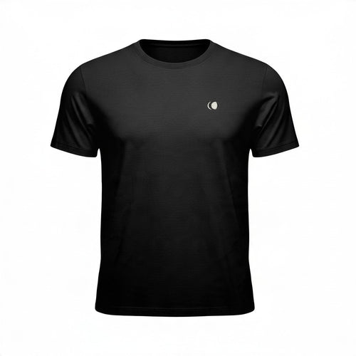 All Back Moon black heavyweight cotton crew neck t-shirt with a small minimalist moon embroidery on the chest.