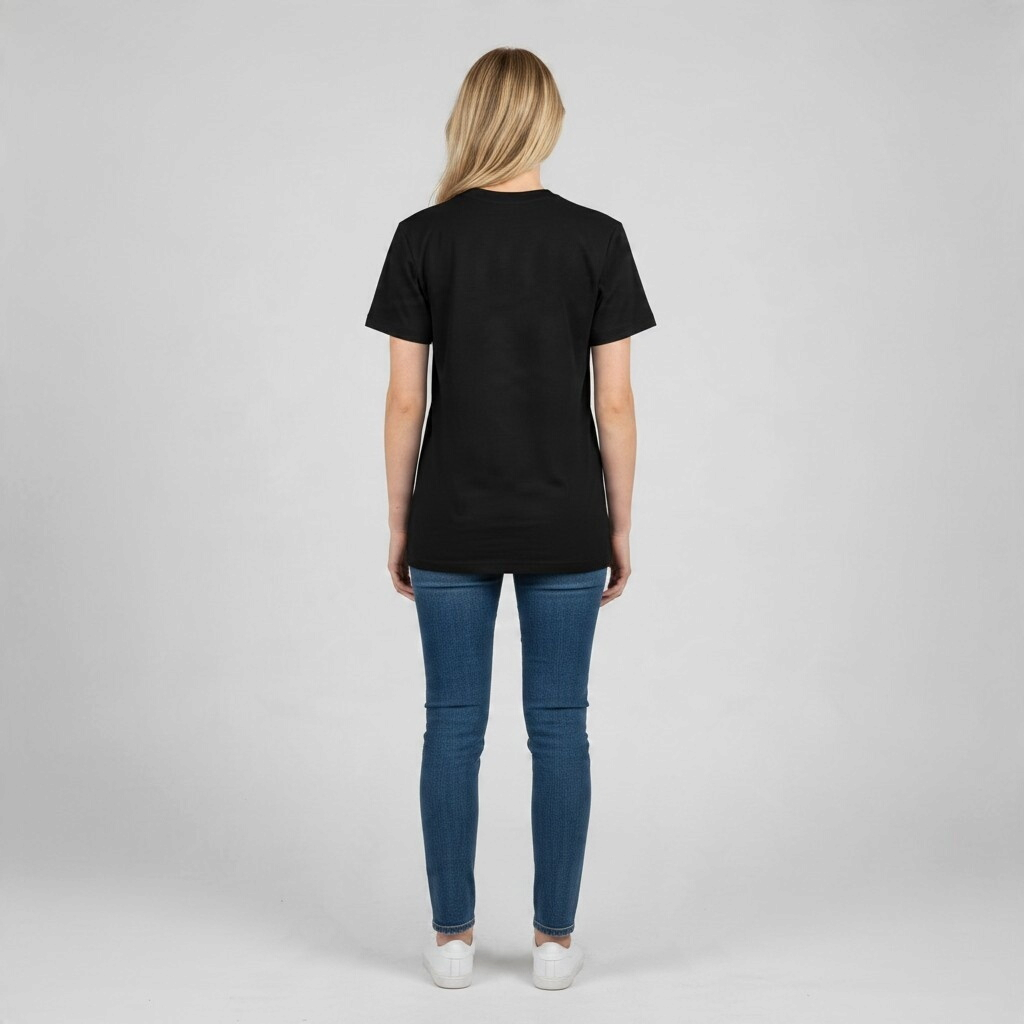 Model wearing All Back Moon black heavyweight cotton t-shirt with small moon graphic, back view with blue jeans