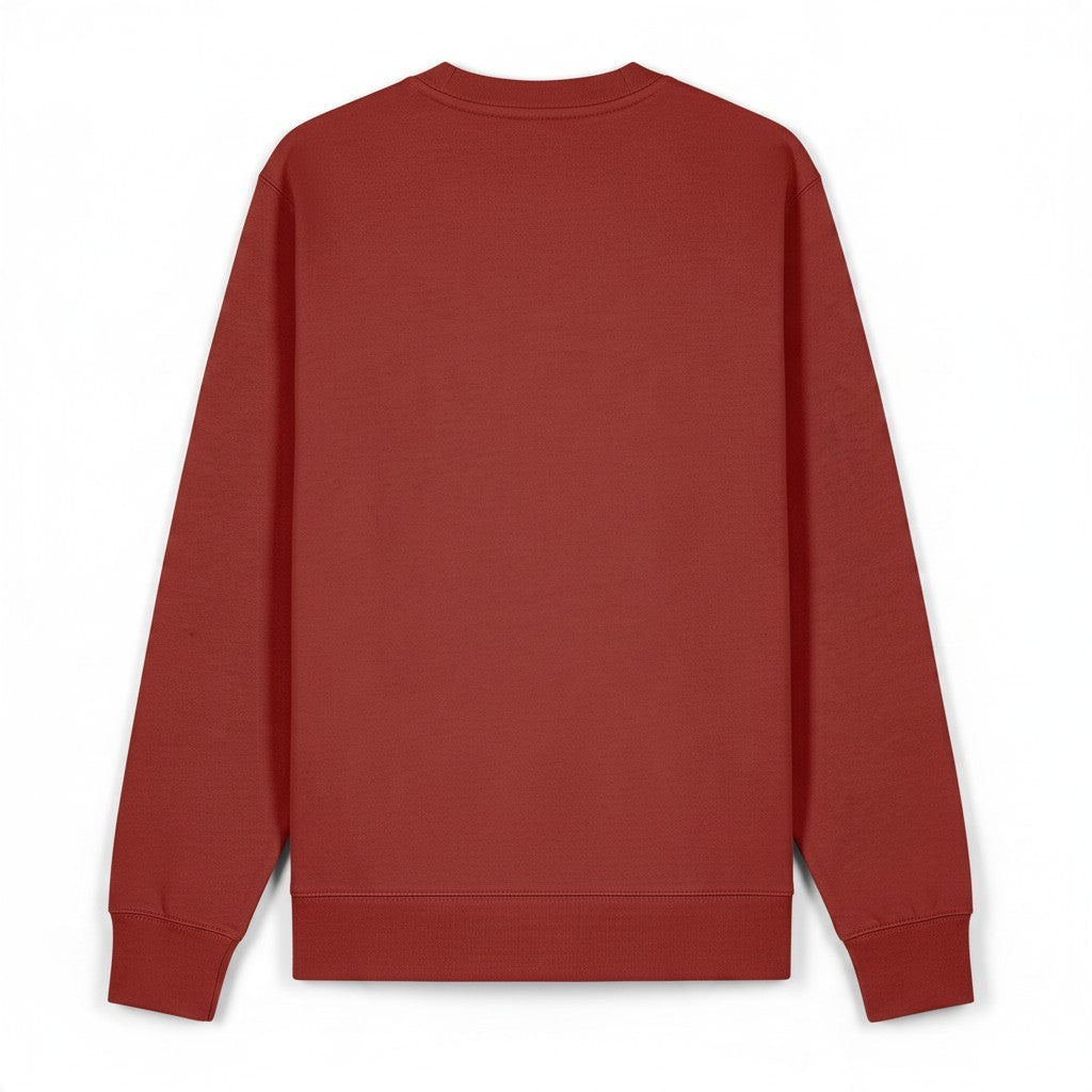 All Back Moon red organic cotton long sleeve sweater, back view with ribbed crew neck and double needle stitching.