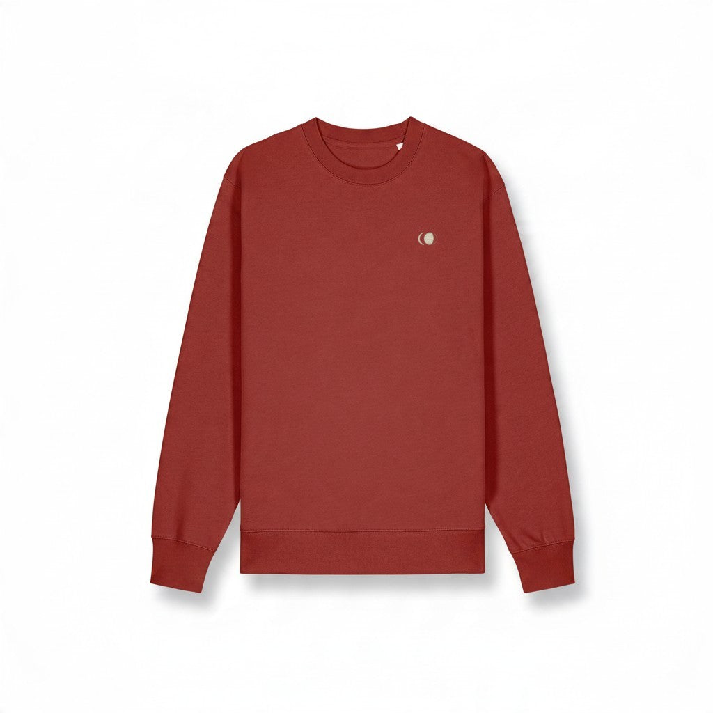 All Back Moon organic cotton crewneck sweater in deep red with a small moon logo on the chest