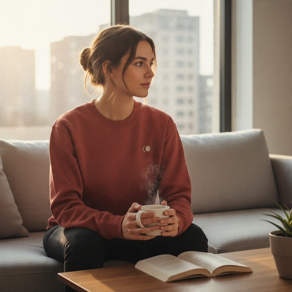 A woman wearing an All Back Moon organic cotton sweater in rust red, sitting on a sofa with a steaming mug.